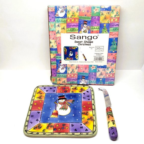 Sango Sweet Shoppe Christmas Cheese Tray Plate Knife Set Sue Zipkin Snowman Box - Picture 1 of 7